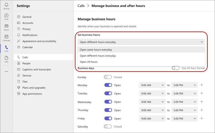 Detaillierte Konfiguration der Geschäftstage in Microsoft Teams