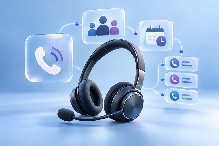 Headset mit Symbolen für Teams, Öffnungszeiten und Anrufwarteschleifen